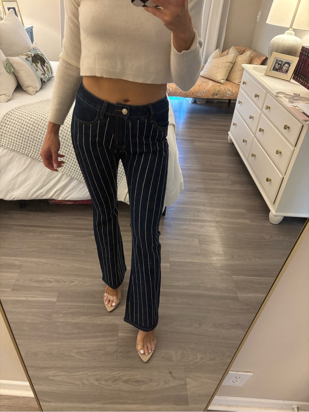 ✨ OoLaLa Rhinestone Pinstripe Dark Wash Bootcut Jeans — NWT ✨
